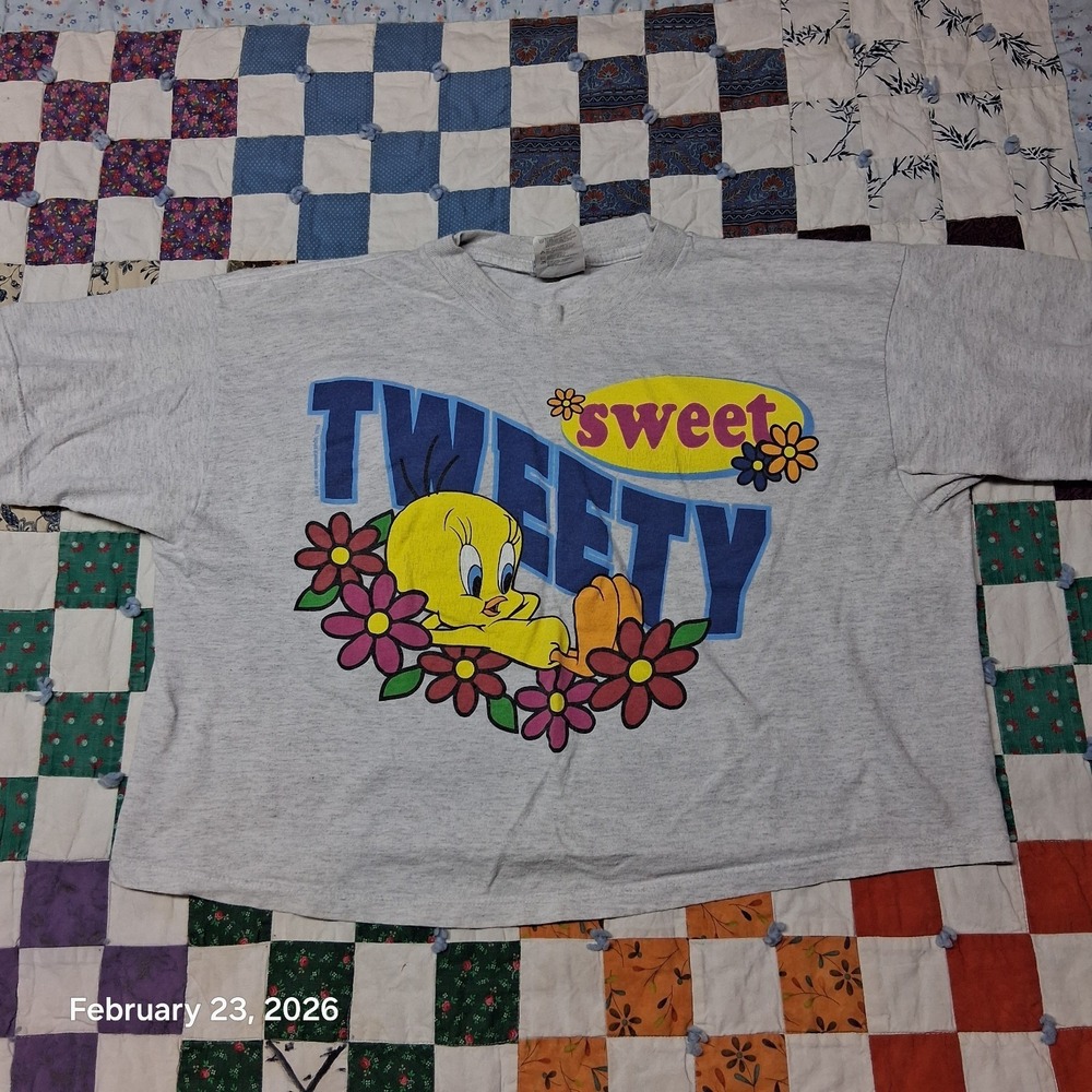 Vintage Looney Tunes Sweet Tweety Cropped Oversize‎ Shirt Size Large Gray